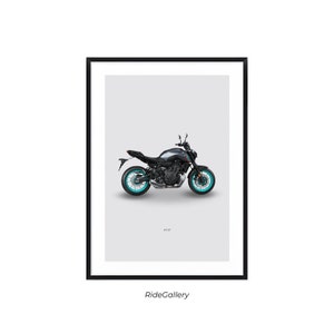 May include: A black and gray motorcycle with turquoise wheels. The motorcycle is in a minimalist style poster with a white background and a black frame.