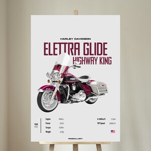 Può includere: Una motocicletta Harley Davidson Electra Glide rossa con dettagli cromati. La motocicletta è su uno sfondo bianco con il testo "Harley Davidson Electra Glide Highway King" in rosso e nero. Il testo "Anno 2023" è in nero, e il testo "Motore 1858cc, Potenza 1200v, Coppia 155Nm, Peso 411kg" è in nero. Il testo "0-100km/h 5.3sec, Velocità massima 190km/h" è in nero. Il testo "Ridegallery" è in nero.