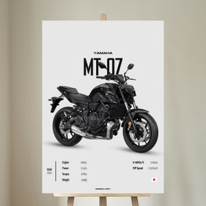 May include: A black Yamaha MT-07 motorcycle with a white background. The motorcycle has a 650cc engine, 73.4 horsepower, 67 Nm of torque, and weighs 184 kg. The motorcycle has a top speed of 278 km/h and can go from 0 to 100 km/h in 3.43 seconds.