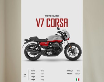 Könnte beinhalten: Ein rotes und silbernes Moto Guzzi V7 Corsa Motorrad vor weißem Hintergrund. Das Motorrad hat einen schwarzen Sitz und schwarze Räder. Der Text "MOTO GUZZI V7 CORSA" ist in roten Buchstaben über dem Motorrad dargestellt. Der Text "YEAR 2023" ist in schwarzen Buchstaben auf der linken Seite des Bildes dargestellt. Der Text "Engine 853 cc, Power 65DV, Torque 73Nm, Weight 198Kg" ist in schwarzen Buchstaben auf der linken Seite des Bildes dargestellt. Der Text "0-100km/h 4.5sec, TOP Speed 190Km/h" ist in schwarzen Buchstaben auf der rechten Seite des Bildes dargestellt. Der Text "RIDEGALLERY" ist in schwarzen Buchstaben am unteren Rand des Bildes dargestellt.