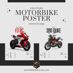 Puede incluir: Un p&oacute;ster con dos motocicletas, una MV Agusta F3 RC roja, blanca y verde y una KTM 390 Duke negra y naranja. El p&oacute;ster incluye el texto "FOR OTHER MOTORBIKE POSTER" y "checkout my page".