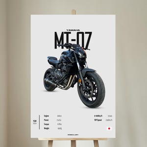 May include: A black Yamaha MT-07 motorcycle with a black frame, black wheels, and a black seat. The motorcycle is on a white background with the text "YAMAHA MT-07" in black above it. The text "Engine 689cc, Power 73.4cv, Torque 67Nm, Weight 185Kg" is below the motorcycle. The text "0-100km/h 3.5sec, TOP Speed 230km/h" is on the right side of the motorcycle. The text "YEAR 2024" is on the left side of the motorcycle.