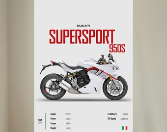 Könnte beinhalten: Ein weißes Ducati Supersport 950S Motorrad mit roten Akzenten. Das Motorrad befindet sich auf einem weißen Hintergrund mit dem Text "DUCATI SUPERSPORT 950S" und enthält Spezifikationen wie Hubraum, Leistung, Drehmoment, Gewicht, Zeit von 0 auf 100 km/h und Höchstgeschwindigkeit.