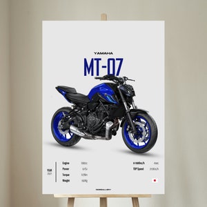 May include: A blue Yamaha MT-07 motorcycle with black accents. The motorcycle has a black seat, black handlebars, and black wheels with blue rims. The motorcycle is on a white background with the text "YAMAHA MT-07" in blue letters above it. The text "Engine 690cc, Power 67Dv, Torque 112Nm, Weight 182Kg" is below the motorcycle. The text "0-100km/h 4sec, TOP Speed 215Km/h" is on the right side of the motorcycle. The text "YEAR 2021" is on the left side of the motorcycle.