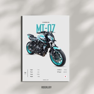 May include: A poster featuring a Yamaha MT-07 motorcycle. The bike is black and white with teal accents. The poster includes specifications such as engine size, power, torque, and weight. The text "RIDEGALLERY" is at the bottom.