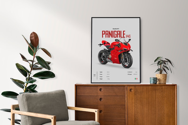 Puede incluir: Un p&oacute;ster enmarcado en negro con una motocicleta Ducati Panigale V4S roja. El p&oacute;ster incluye el texto "DUCATI PANIGALE V4S" y las especificaciones t&eacute;cnicas de la motocicleta.