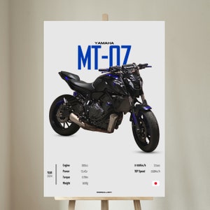 May include: A black Yamaha MT-07 motorcycle with blue accents. The motorcycle has a 689cc engine, 73.4 horsepower, 67 Nm of torque, and weighs 185 kg. The motorcycle has a top speed of 200 km/h and can go from 0 to 100 km/h in 3.5 seconds.