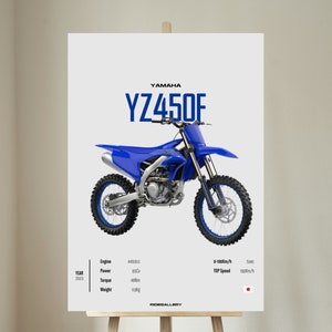 Può includere: Una moto da cross Yamaha YZ450F blu con ruote nere su uno sfondo bianco. La moto ha un motore da 449 cc, 65 cavalli, una coppia di 49 Nm e pesa 110 kg. La moto ha una velocità massima di 160 km/h e può accelerare da 0 a 100 km/h in 5 secondi.