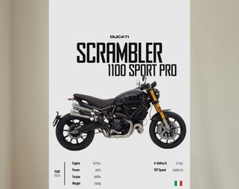 Könnte beinhalten: Ein schwarzes Ducati Scrambler 1100 Sport Pro Motorrad mit goldenen Akzenten. Das Motorrad hat einen schwarzen Sitz, schwarze Räder und einen schwarzen Auspuff. Das Motorrad steht auf einem weißen Hintergrund. Der Text "DUCATI SCRAMBLER 1100 SPORT PRO" wird über dem Motorrad angezeigt. Der Text "Engine 1079cc, Power 86Dv, Torque 88Nm, Weight 196Kg" wird unter dem Motorrad angezeigt. Der Text "YEAR 2023, 0-100km/h 3.7sec, TOP Speed 200Km/h" wird rechts neben dem Motorrad angezeigt.