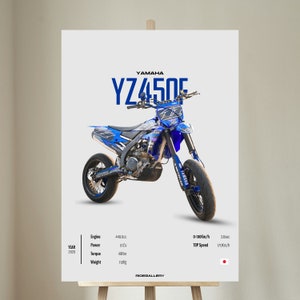 Può includere: Una moto da cross Yamaha YZ450F blu e bianca con una sella nera e ruote nere. La moto è su uno sfondo bianco con il testo "YAMAHA YZ450F" in lettere blu. Le specifiche della moto sono elencate sotto l'immagine, tra cui la dimensione del motore, la potenza, la coppia, il peso e la velocità massima.