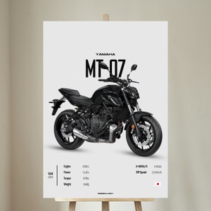 May include: A black Yamaha MT-07 motorcycle with the text "YAMAHA MT-07" above it. The motorcycle has a 650cc engine, 73.4 horsepower, 67 Nm of torque, and weighs 184 kg. The motorcycle has a top speed of 278 km/h and can go from 0 to 100 km/h in 3.43 seconds.