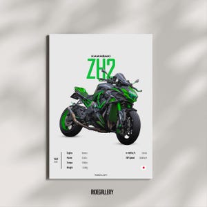 Può includere: Un poster con una moto Kawasaki ZH2 nera e verde. L'immagine include specifiche tecniche come cilindrata, potenza, coppia e peso. Il poster presenta anche il testo "RIDEGALLERY" su sfondo bianco.