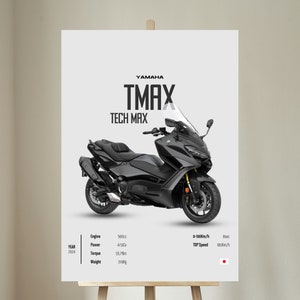 May include: A black Yamaha TMAX Tech Max scooter with a white background. The scooter has a 560cc engine, 47.5 horsepower, 55.7 Nm of torque, and weighs 218 kg. The scooter has a top speed of 185 km/h and can accelerate from 0 to 100 km/h in 4.5 seconds.