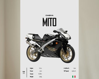 Könnte beinhalten: Ein schwarz-weißes Cagiva Mito Motorrad mit goldenen Rädern. Das Motorrad befindet sich auf einem weißen Hintergrund mit dem Text "CAGIVA MITO" und enthält Spezifikationen wie Hubraum, Leistung, Drehmoment, Gewicht und Höchstgeschwindigkeit.