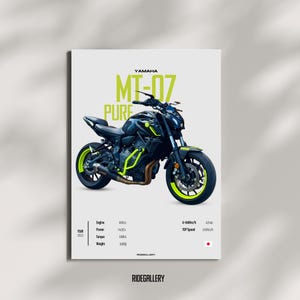 May include: A poster featuring a black Yamaha MT-07 motorcycle with neon green accents. The poster includes technical specifications such as engine size, power, torque, and weight. The text "MT-07 PURE" is prominently displayed.
