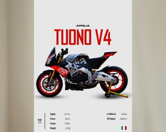 Könnte beinhalten: Ein weißes, rotes und schwarzes Aprilia Tuono V4 Motorrad mit einer roten Felge am Vorderrad. Das Motorrad steht auf einem weißen Hintergrund mit dem Text "APRILIA TUONO V4" in Rot und Schwarz. Der Text unter dem Motorrad enthält das Jahr, die Motorgröße, die Leistung, das Drehmoment und das Gewicht.