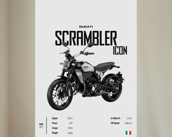 Könnte beinhalten: Ein schwarz-weißes Ducati Scrambler Icon Motorrad mit dem Text "DUCATI SCRAMBLER ICON" darüber. Das Motorrad hat einen schwarzen Sitz, schwarze Räder und einen silbernen Tank. Der Text "Engine 803cc, Power 73Dv, Year 2023, Torque 67Nm, Weight 189Kg, 0-100km/h 3.7sec, TOP Speed 190Km/h" befindet sich unter dem Motorrad.