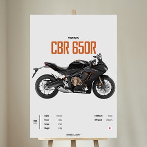 以下が含まれることがあります： オレンジのアクセントが付いた黒いホンダCBR 650Rのオートバイ。オートバイは、「HONDA CBR 650R」、「Engine 648.9cc」、「Power 86cv」、「Year 2022」、「Torque 57Nm」、「Weight 211Kg」、「0-100km/h 3.7sec」、「TOP Speed 210km/h」、「ROEGALLERY」と書かれた白い背景の上にあります。