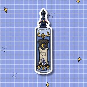May include: A blue and gold potion bottle sticker with a crescent moon and the words "Healing Potion".