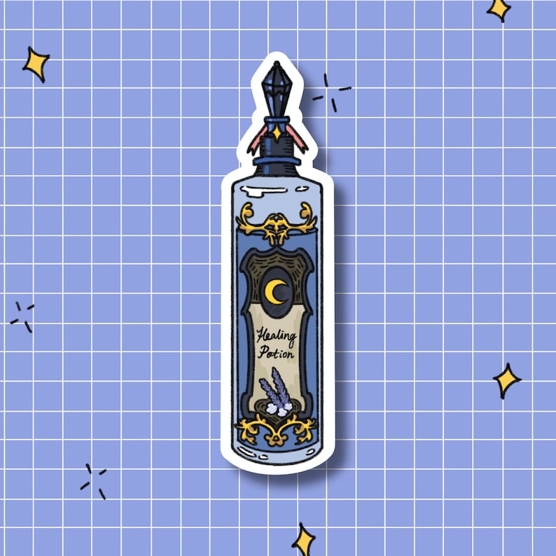 May include: A blue and gold potion bottle sticker with a crescent moon and the words "Healing Potion".