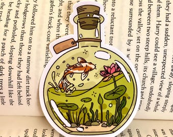 Koi Pond Bottle Sticker | water Lily sticker, laptop sticker, flower sticker, plant sticker