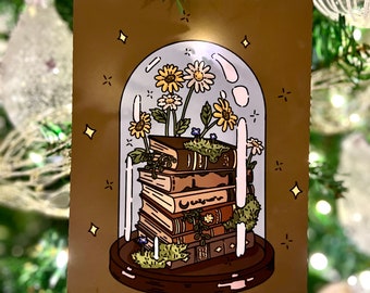 Vintage Book and Flower Terrarium Art Print: Academia Decor