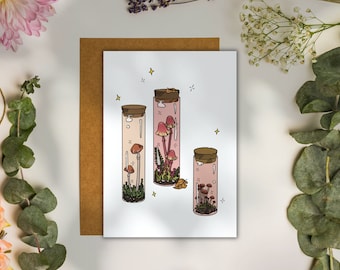 May include: Three glass jars with cork tops filled with a pink liquid and small, red mushrooms. The jars are on a white background with small, yellow stars.