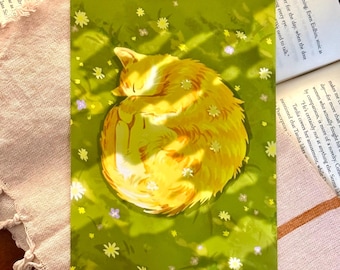 Cozy Cat Art Print: Cottagecore Napping Kitty - 5x7 inch