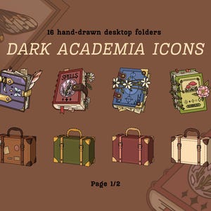 Puede incluir: Ilustración de 16 carpetas de escritorio dibujadas a mano con temática Dark Academia. La imagen presenta varios libros y maletas en tonos marrón, verde, rojo y azul. El texto en la imagen dice "DARK ACADEMIA ICONS" y "Page 1/2".