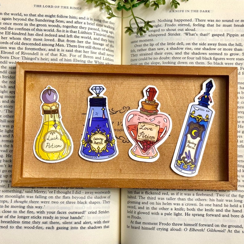 May include: Four colorful glass potion bottles with cork stoppers and labels. The labels read "Luck Potion", "Calming Potion", "Love Potion", and "Healing Potion".