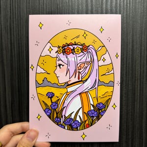 May include: A digital illustration of a person with long purple hair wearing a flower crown and a white and yellow outfit. The person is standing in a field of purple flowers with a yellow and orange background.