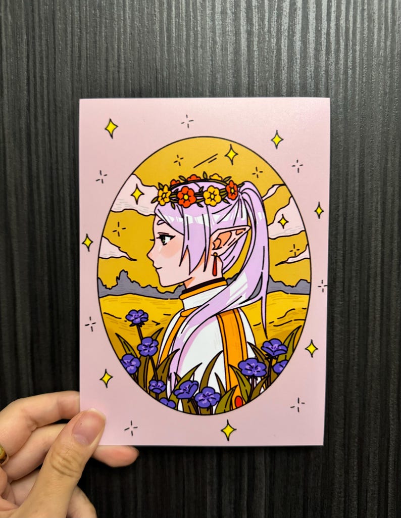 May include: A digital illustration of a person with long purple hair wearing a flower crown and a white and yellow outfit. The person is standing in a field of purple flowers with a yellow and orange background.