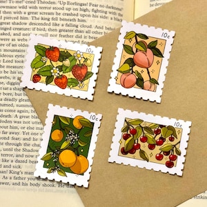 Pack d'autocollants pour timbres esthétiques de fruits | Lot de 4 autocollants fruits | autocollant cottagecore | autocollant fruit mignon | Autocollant de journal indésirable, autocollant de timbre