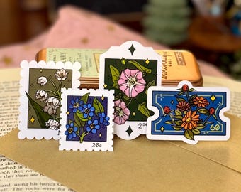 Cottagecore Flower Stamp Stickers: Vintage Style Planner Stickers (4pc)