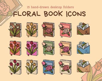 May include: Illustration of 15 hand-drawn desktop folders with floral book icons. The icons feature books and envelopes with flowers in various colors, including pink, brown, and green. The text "FLORAL BOOK ICONS" is at the top.