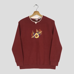 Vintage retro grafische bloem rood sweatshirt medium zon bloem grafische kunst borduurwerk bloementrui zonnebloem trui ronde hals maat M