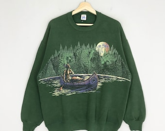 Vintage 90's Habitat Hunter Graphic Green Sweatshirt Xlarge Habitat Crewneck Big Print River Trees Pullover Habitat Hunter Jumper Size XL