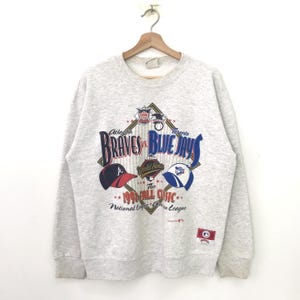 Vintage 90's Toronto Blue Jays Vs Atlanta Braves Gray Sweatshirt Large World Series National League Spell Out Sweater Mlb Sport Team Size L