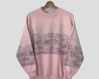 Vintage 90er Retro Grafik Floral Kaninchen Rosa Sweatshirt Groß überdruckt Ästhetische Pullover Kätzchen Kaninchen Tier Floral Art Rundhalsausschnitt Größe L