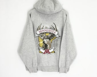Vintage jaren 90 Moose Lake trui Moose grafische Moose Lake hoodie grijs groot logo Moose Lake graphics Animal Wildlife trui hoodie maat L