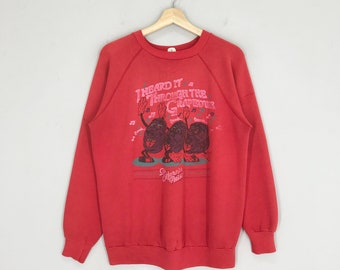 Sudadera vintage de los años 90 con estampado de California Raisins I Heard It Through The Grapevine, color rojo, con cuello redondo y gráfico de California Raisins, talla M