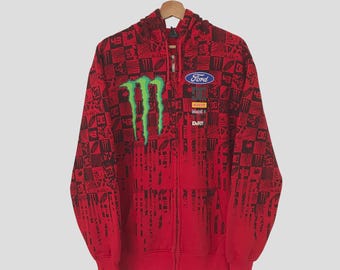 Vintage Monster Energy Red Sweater 2Xlarge Monster Energy Graphic Racing Full Zipper Hoodie Energy Drink Overprinted Jumper Hoodie Size XXL