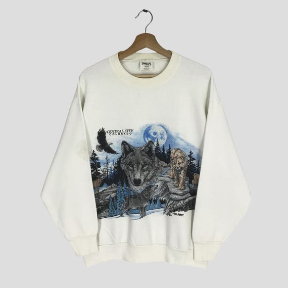 Vintage 90's Retro Graphic Nature Habitat White Sweatshirt Large