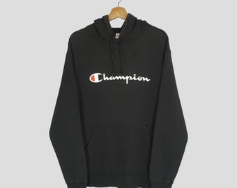 Vintage Champion Schwarzer Pullover Großes Champion Script Logo Spell Out Hoodie Champion Sportswear Pullover Hoodie Champion Jumper Outfit Größe L