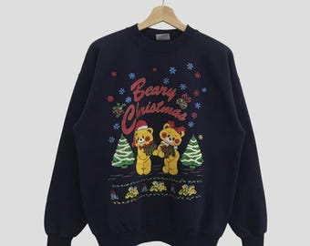 Vintage Retro Graphic Bear Blue Sweatshirt Medium Beary Christmas