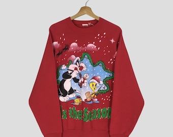 Vintage 90's Looney Tunes Tweety Sylvester Winter Printed Red Sweatshirt Large Tweety Sylvester Warner Bros Cartoon Jumper Pullover Size L