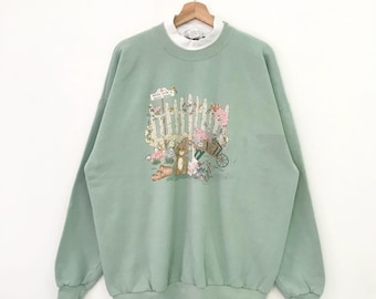 Sudadera vintage de los años 90 con estampado floral retro, color verde granja, talla 2X grande, con flores de granja, perros, estética de arte de la naturaleza y la granja, cuello redondo, talla XXL