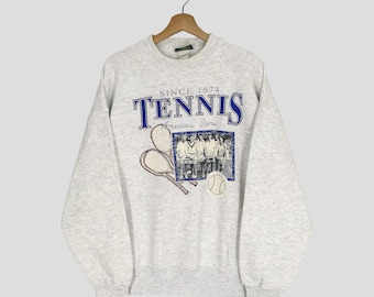 Vintage 90's Tennis Sport Gray Sweatshirt Large Tennis Sport American Game Big Printed Sweater Tennis Sport Team Crewneck Pullover Size L