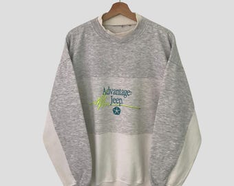Sudadera gris Advantage Jeep vintage de los años 90, suéter grande con estampado de bloques de color y cuello redondo, talla L