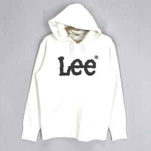 May include: White hooded sweatshirt with a black Lee logo printed on the front.